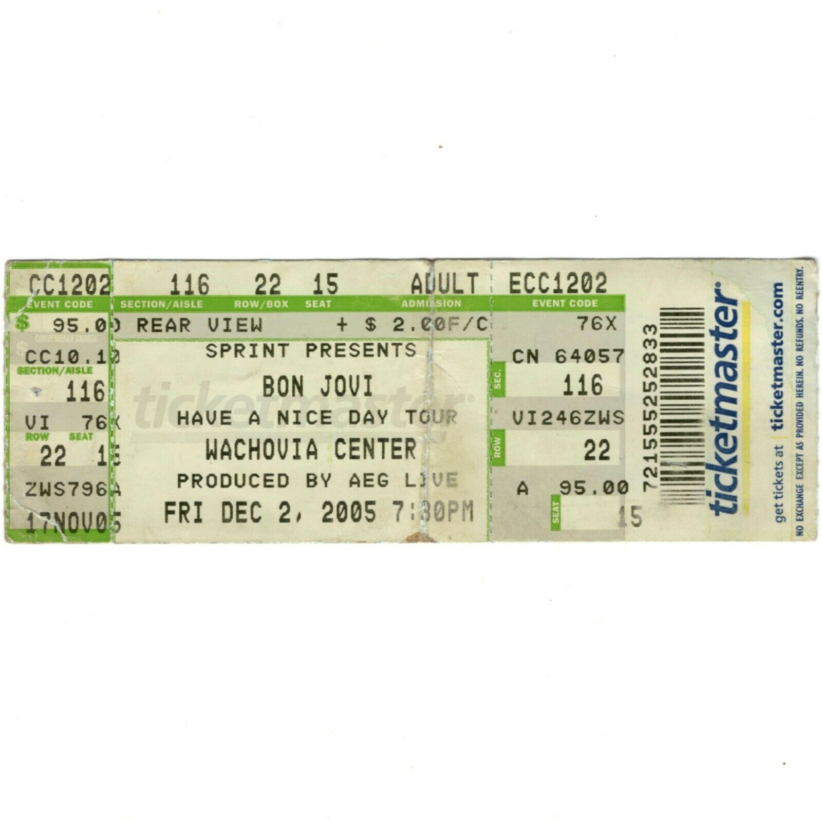 BON JOVI Full Concert Ticket Stub PHILADELPHIA 12/2/05 HAVE A NICE DAY TOUR Rare