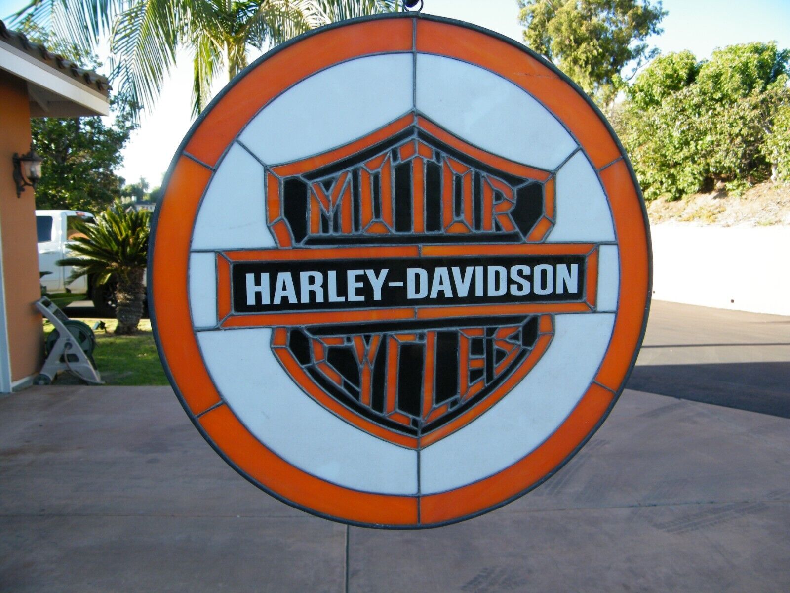Harley-davidson Leaded Art Glass Round 16" Decoration