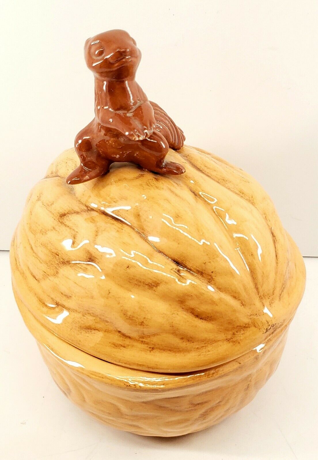 Vintage Ceramic Walnut Shaped Candy Or Nut Dish With Squirrel Handle