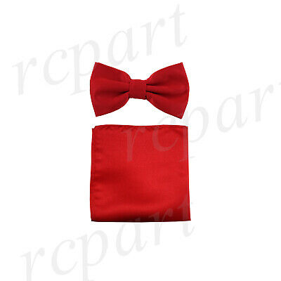 New formal men's pre tied Bow tie & Pocket Square Hankie solid red prom wedding