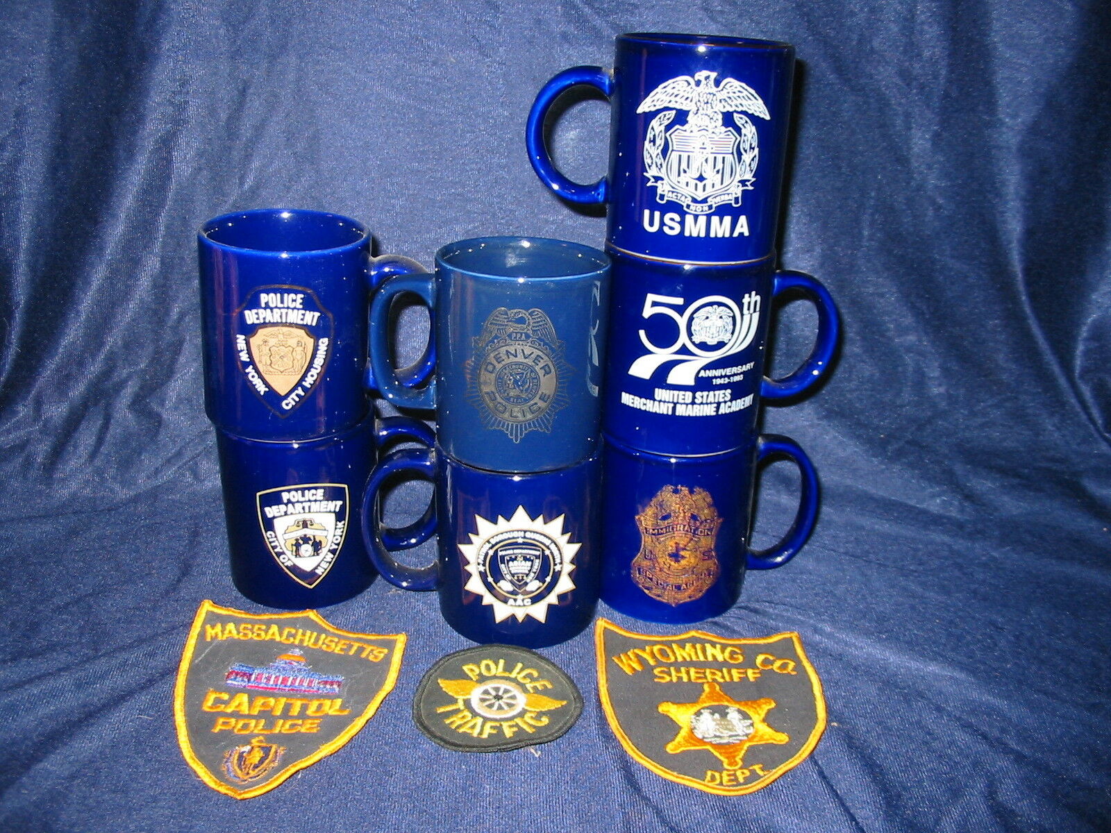 Lot Of Mugs Police, Merchant Marine, Usins And Three Patches Very Good Condition
