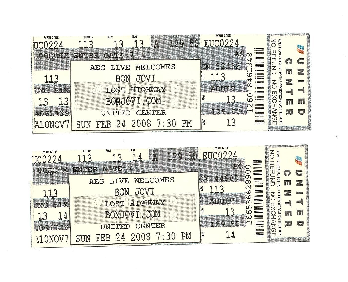 Bon Jovi Unused Concert Tickets from February 24, 2008