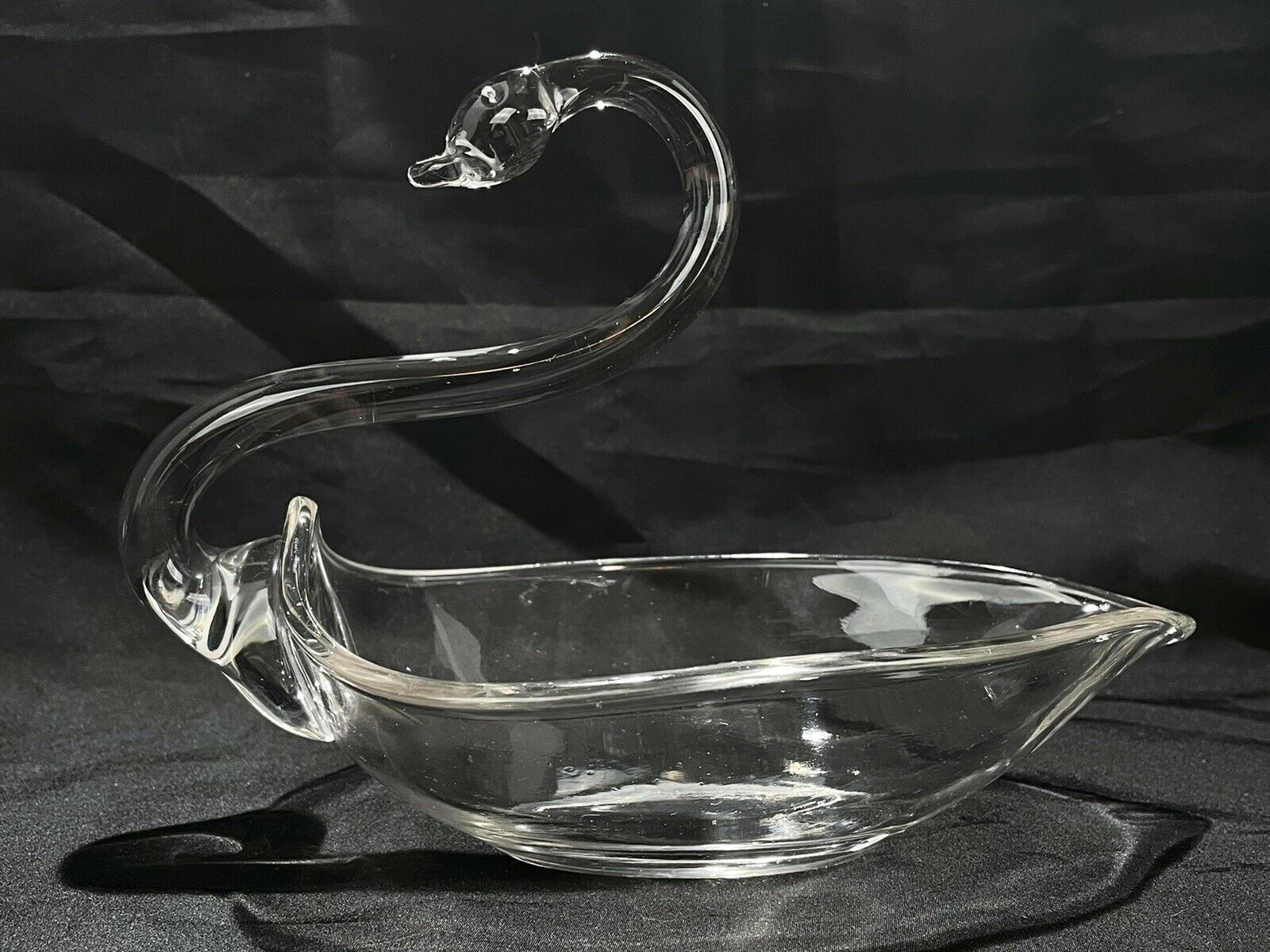 Duncan Miller Glass Swan Clear Bowl Candy Dish Trinket Tray 8in” Long