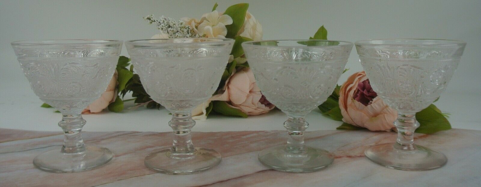 Set Of 4 Ice Cream Dish 6 Oz In Duncan & Miller Sandwich Clear Glass Pattern