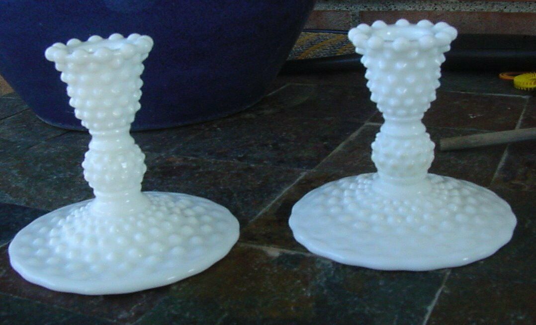 Duncan Miller Milk Glass Hobnail Set of Candlesticks
