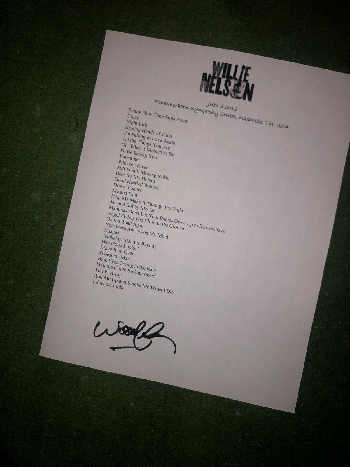 Willie Nelson Signed Setlist Reproduction 2012 Tour