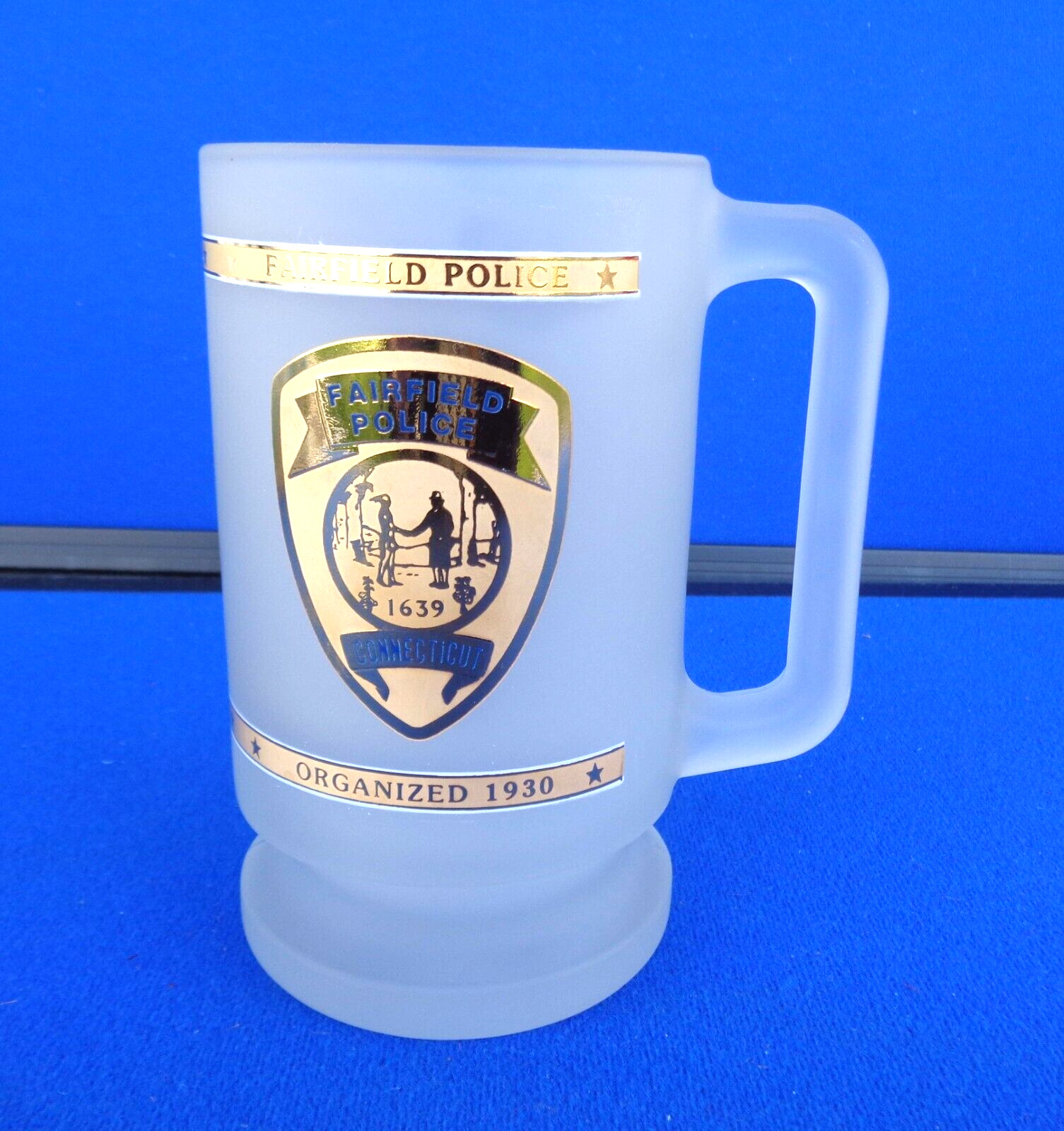 Fairfield Ct Connecticut Police 16 Oz Frosted Glass Mug Stein Tankard