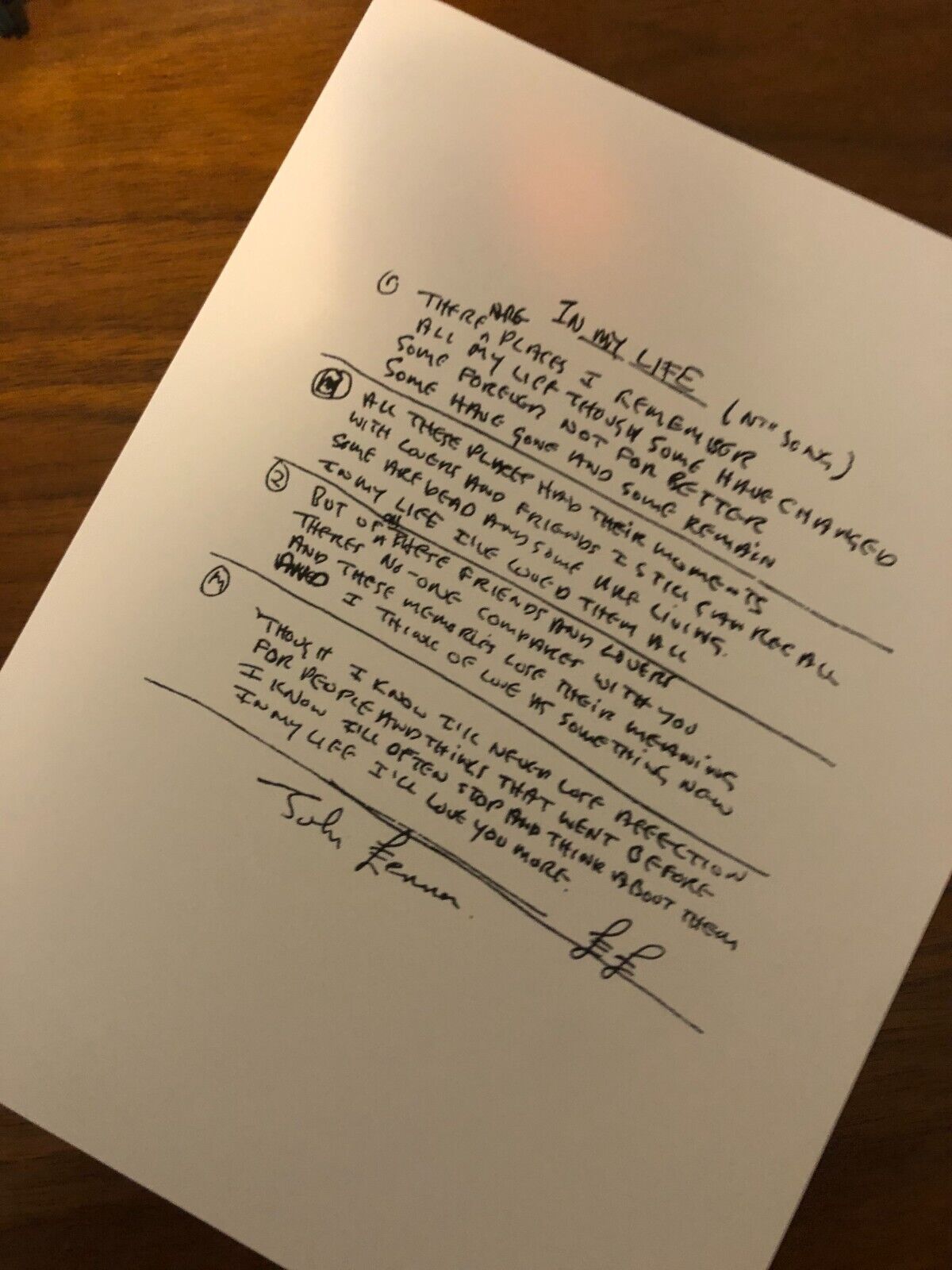 John Lennon " In My Life" Hand Written Lyrics  Reproduction