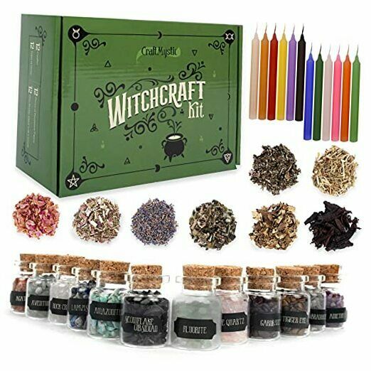 Witchcraft Supplies Box for Wiccan Spells – 36 Pack of Crystals Dried Herbs