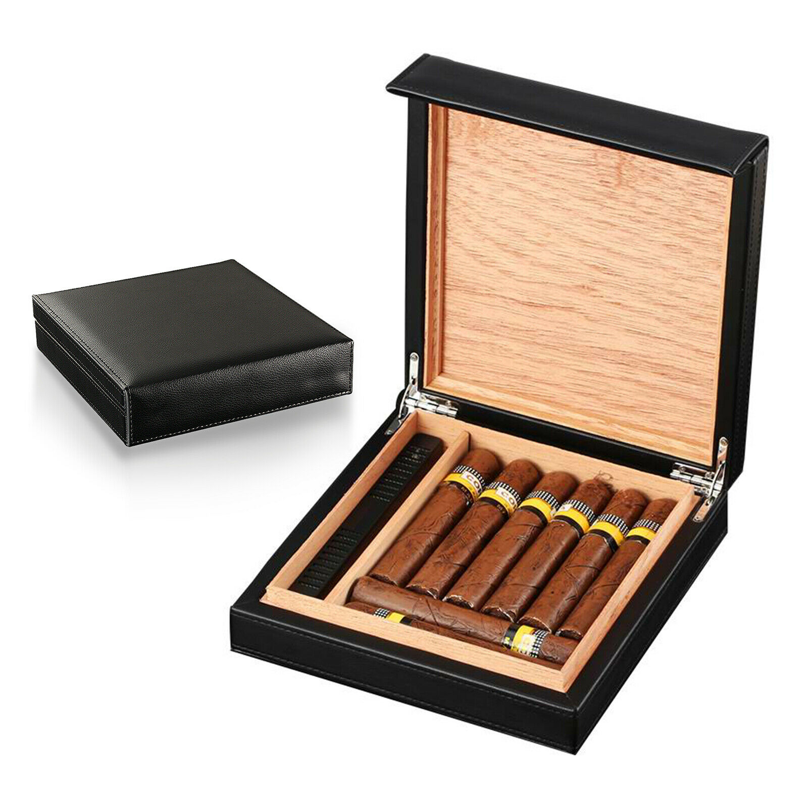 Portable Travel Cigar Humidor Humidifier Leather Cedar Wood Cigar Case Box Black