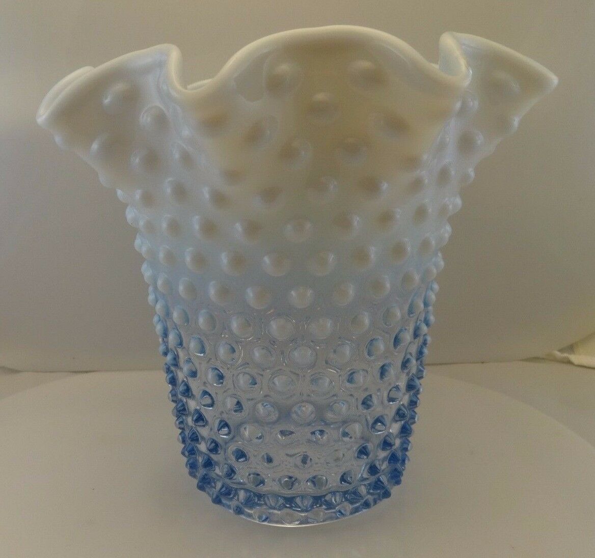 Duncan & Miller Glass Co. Hobnail Blue Opalescent #118 8" Tall Crimped Flip Vase