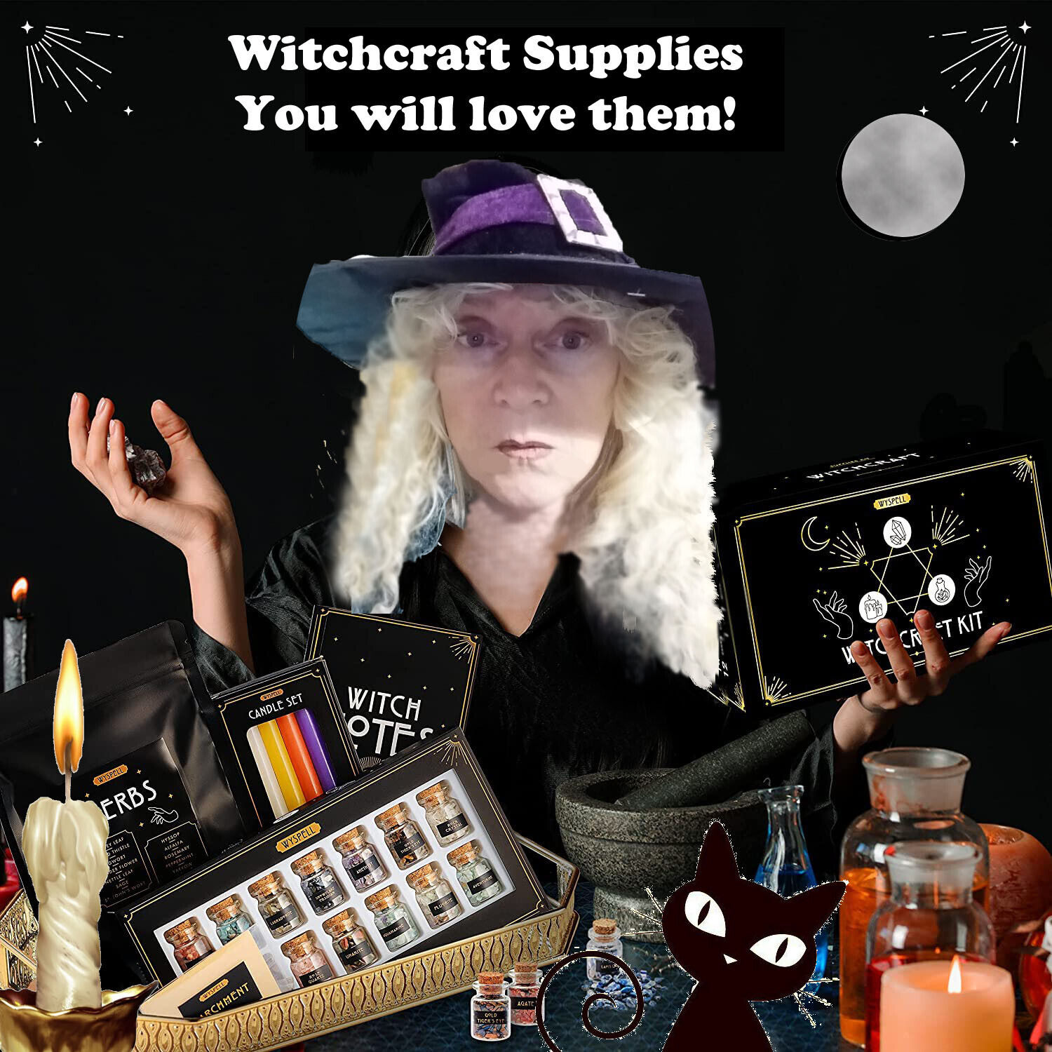 Witchcraft Supplies Kit (spell Candles, Crystals,  Herbs, Box) 54pieces + E-book