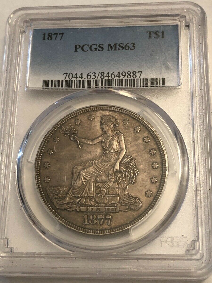 1877 BU U.S. silver TRADE DOLLAR. Scarce PCGS MS63. Medium gray UNC. #nurd887