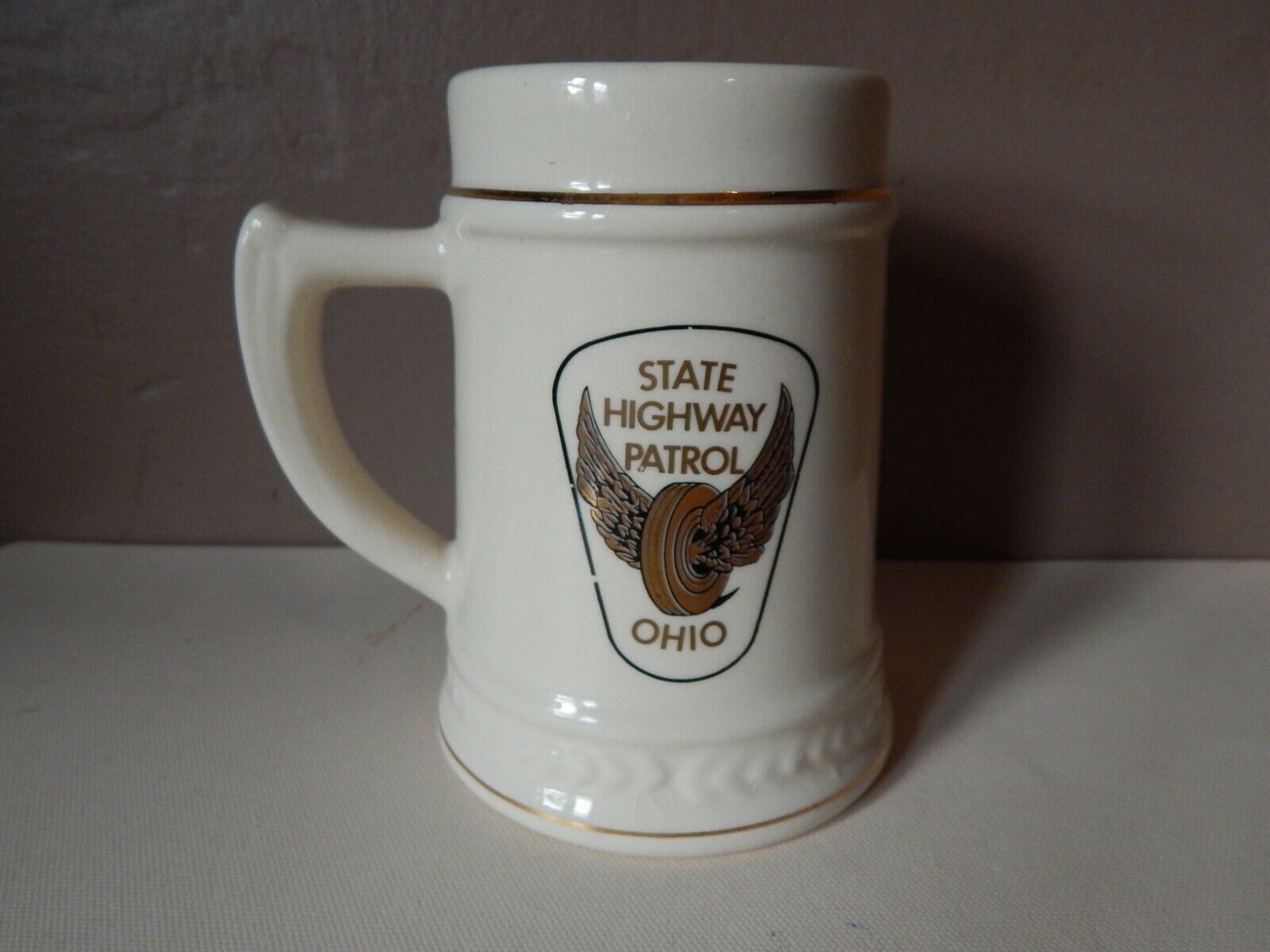 Vintage OHIO STATE HIGHWAY PATROL Gold Gilded Ceramic Mug~Made in USA