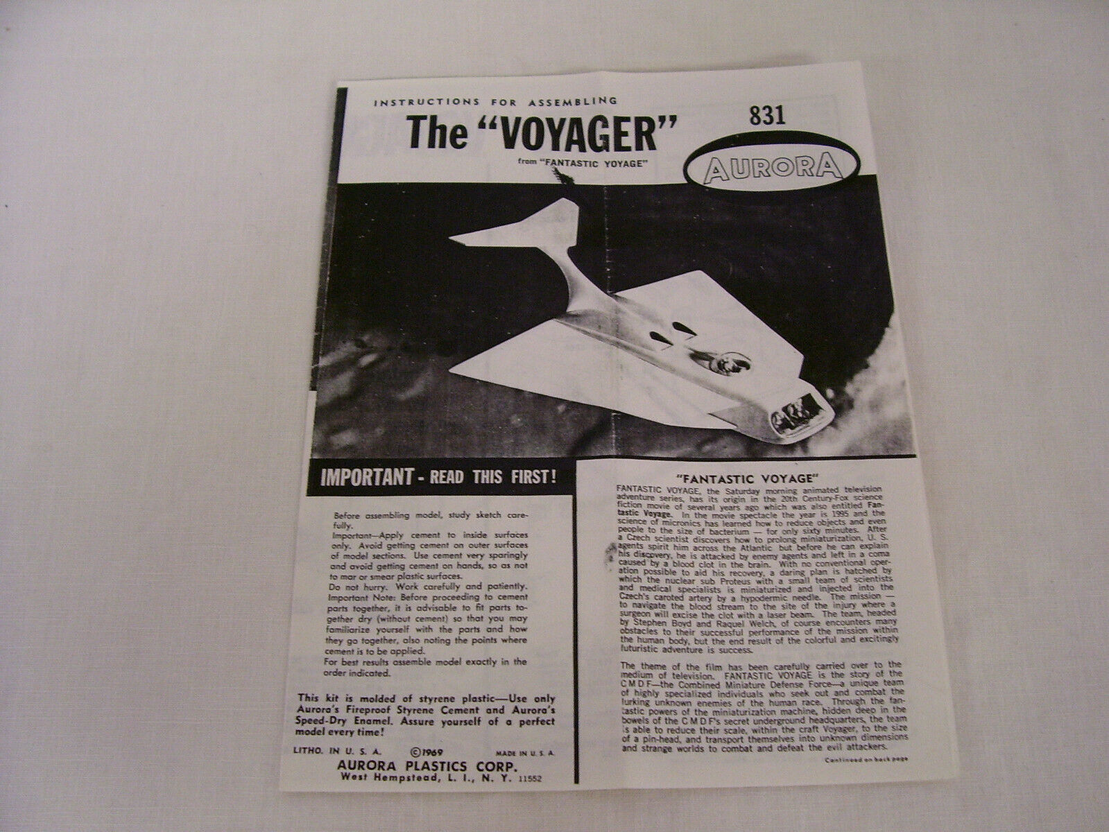 1969 Aurora Model Kit #831 The Voyager Instruction Sheet from Fantastic Voyage