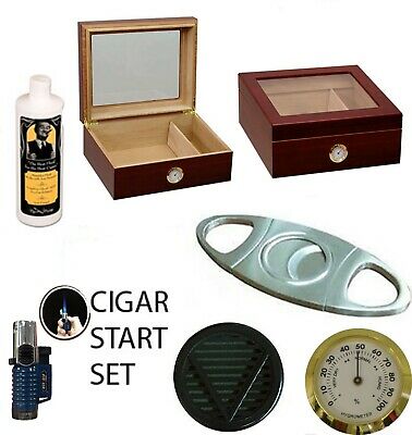 50 Ct Cigars Humidor Glass Top Gift Set Lighter Cutter Cedar Lined Cherry Finish