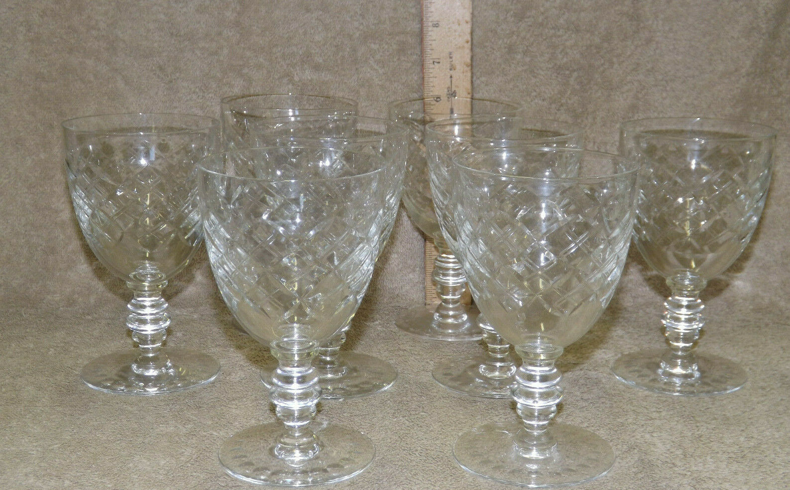 Duncan Miller Elegant Cut Crystal 8 Water Goblets Stem #5330 Cross cut Dots