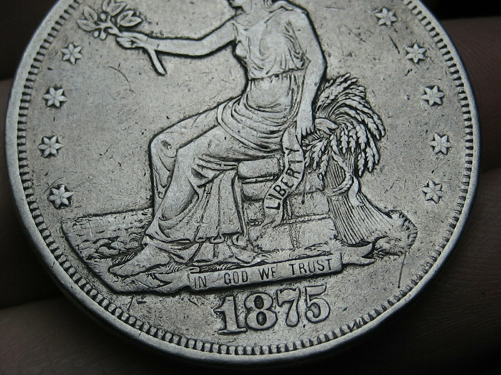 1875 Cc Silver Trade Dollar- Rare Carson City, Type 1 Reverse, Vf Details