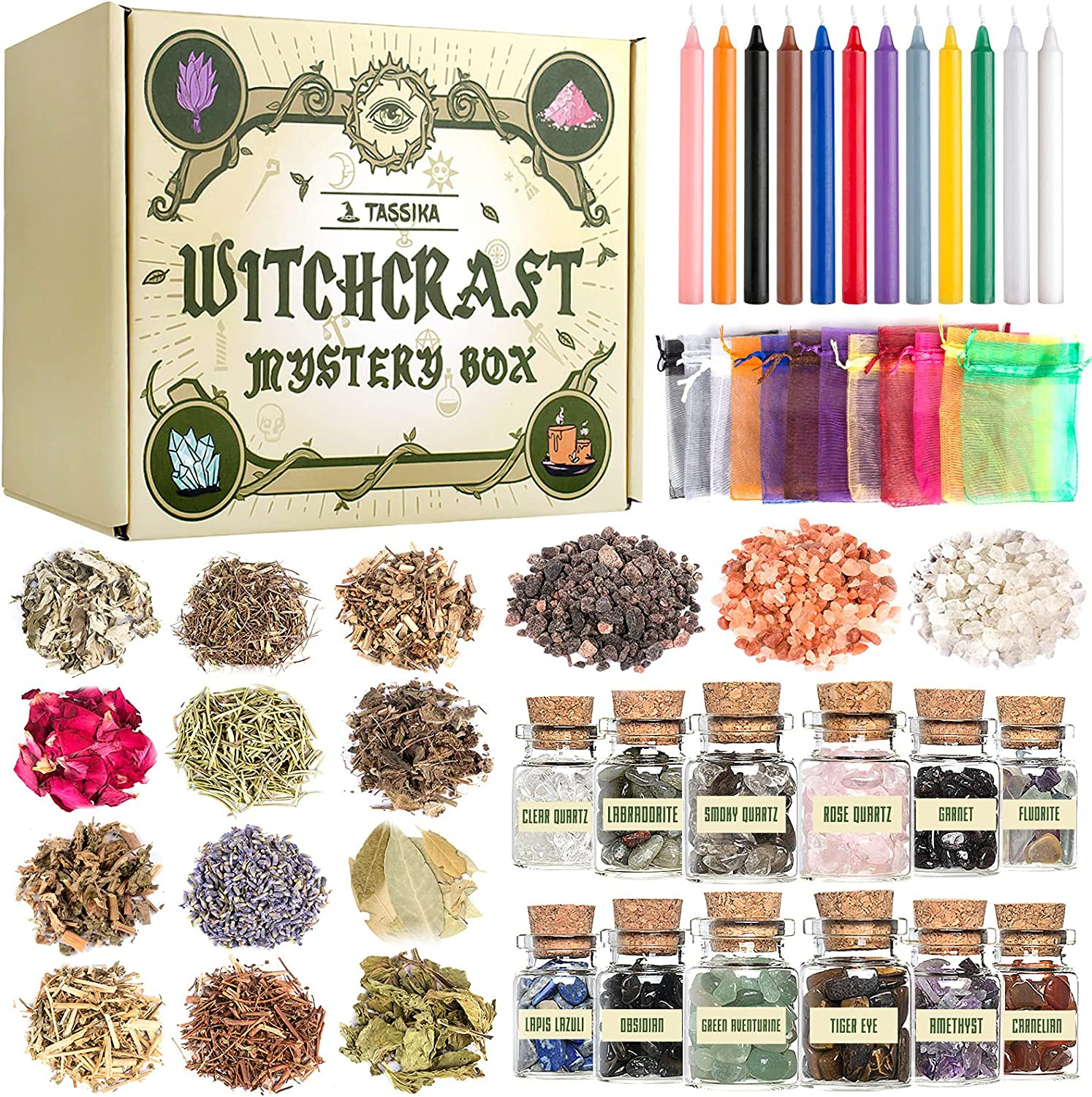 Witchcraft Starter Kit Supplies for Wiccan Altar 63 Pack of Crystals Dried Herbs