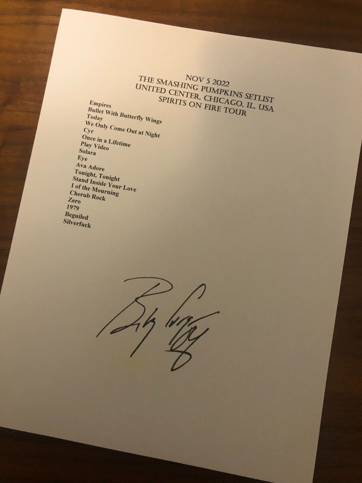 Smashing Pumpkins Signed Reprint Setlist From Spirits On Fire Tour 2022 Chicago
