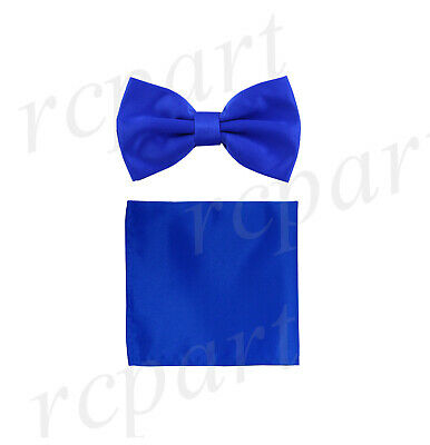 New formal men's pre tied Bow tie & Pocket Square Hankie solid royal blue prom