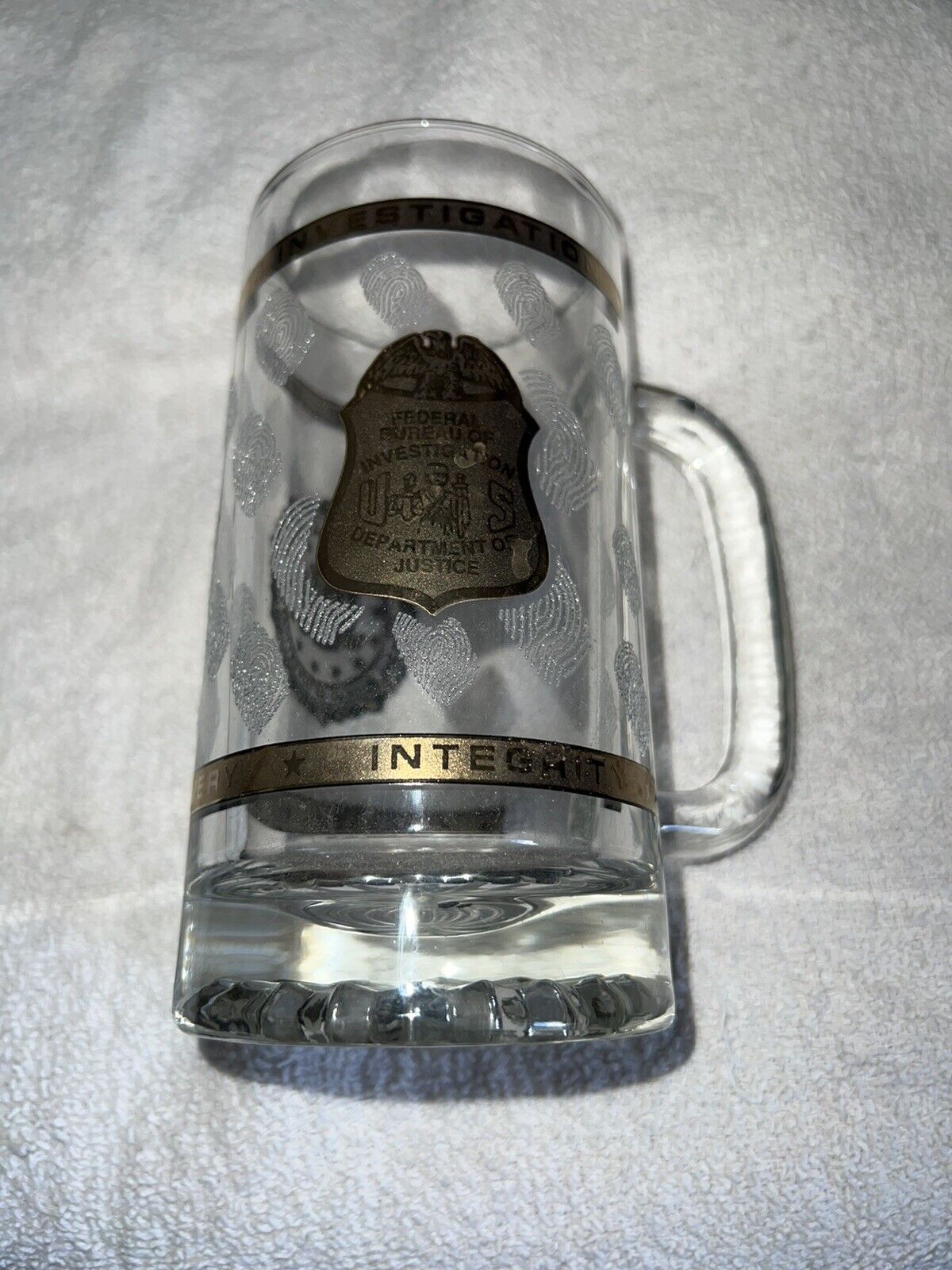 FBI Federal Bureau of Investigation Beer Stein Mug Cup DOJ Fingerprint Glass