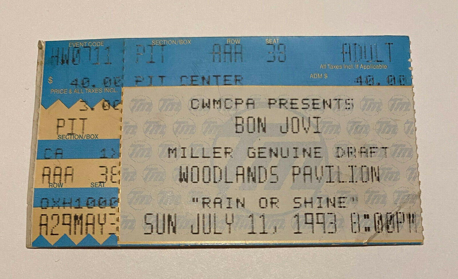BON JOVI - 7/11/1993 Woodlands Pavilion Concert Ticket Stub Houston, Texas