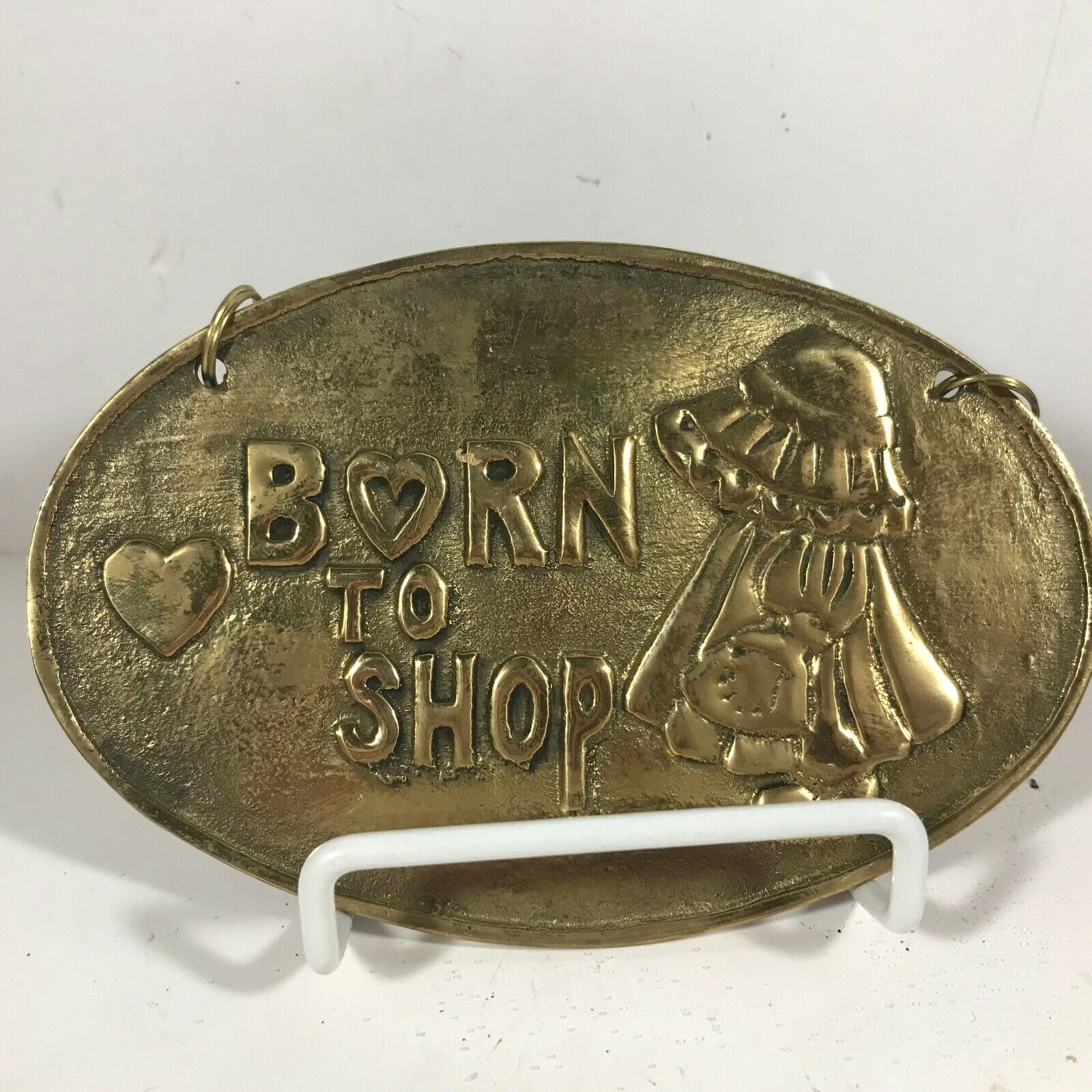 Unique Vintage 1986 UD Holly Hobbie Solid Brass Born to Shop Plaque Medallion