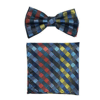 Men's microfiber Pre-tied Bow Tie & hankie set plaid checkers blue red yellow