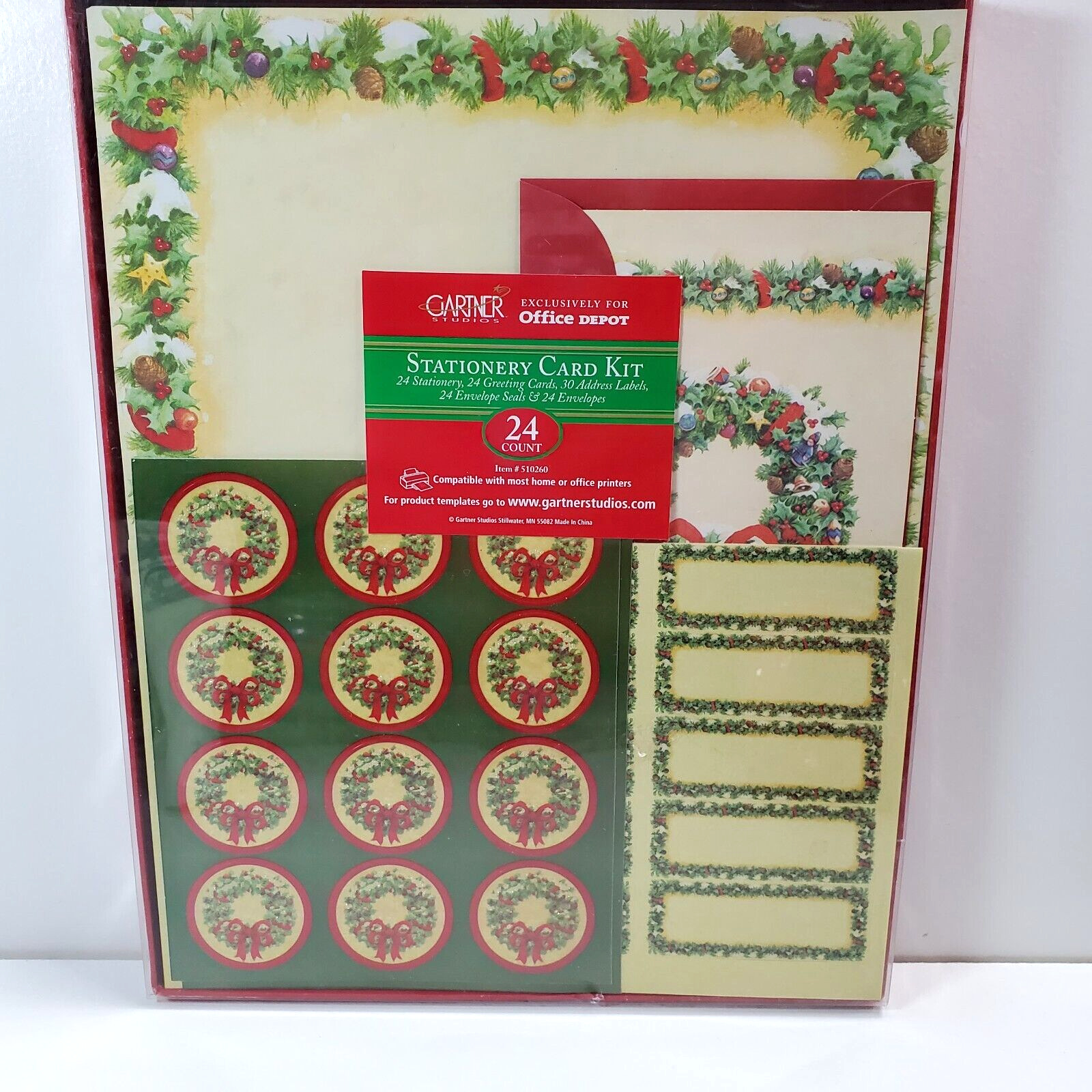 Gartner Christmas Stationery Card Kit Wreaths 24 Count Cards, Envelopes, Labels