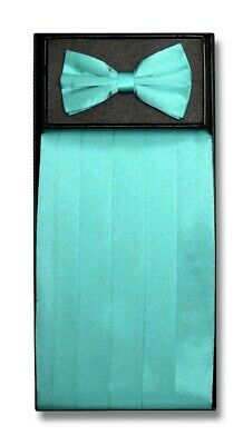 Silk Cumberbund & Bowtie Solid Aqua Green Color Men's Cummerbund Bow Tie Set