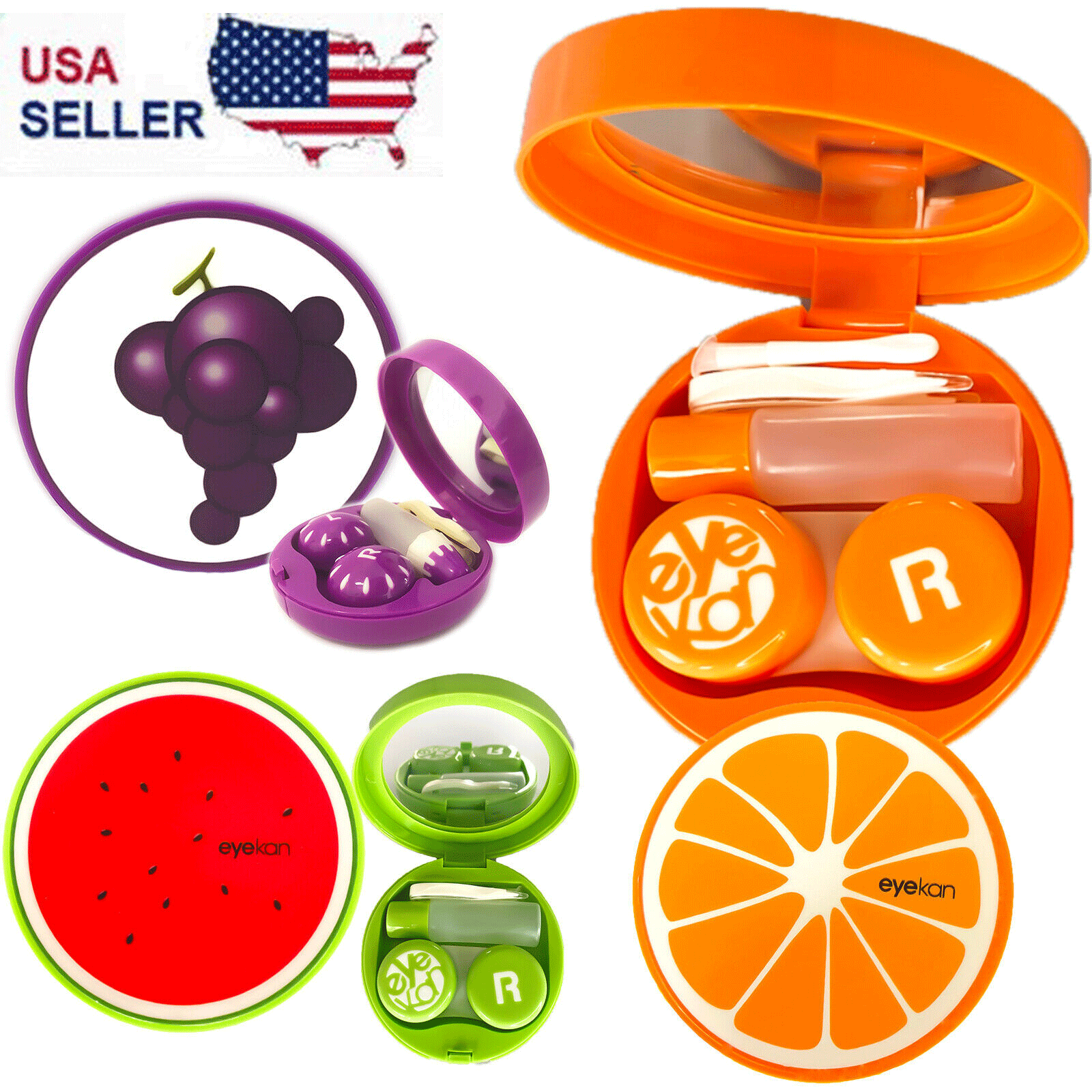 Contact Lenses Lens Case Travel Kit Fruits Storage Box Container Mirror 5pc Set