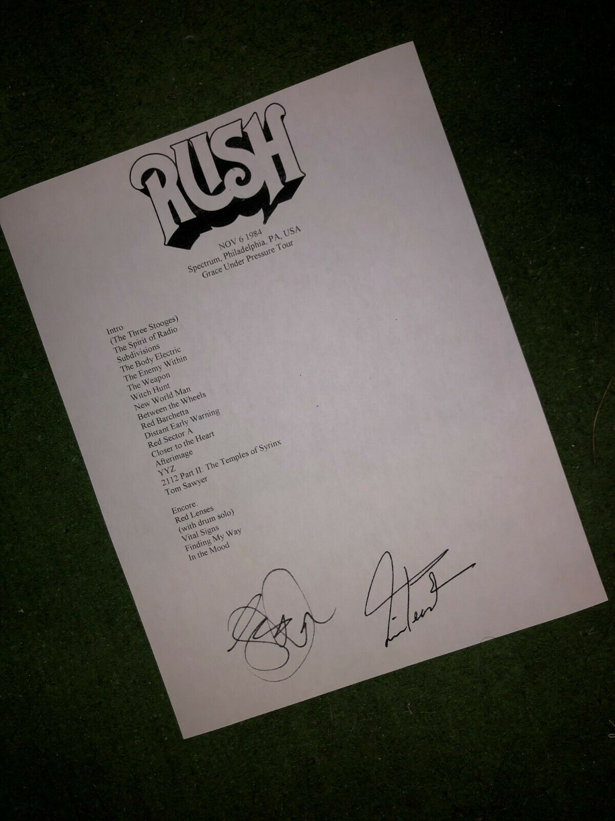 Rush 1984 Getty Lee And Neil Peart Signed Setlist Reproduction