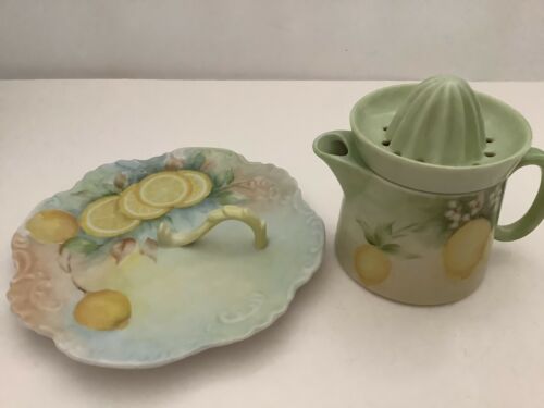 Vintage Lemon Server Dish and Orange Juice Lemonade Reamer Pitcher