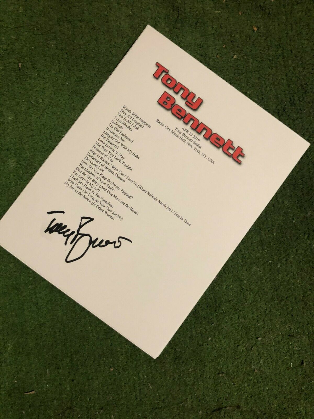Tony Bennett Signed Setlist Reproduction