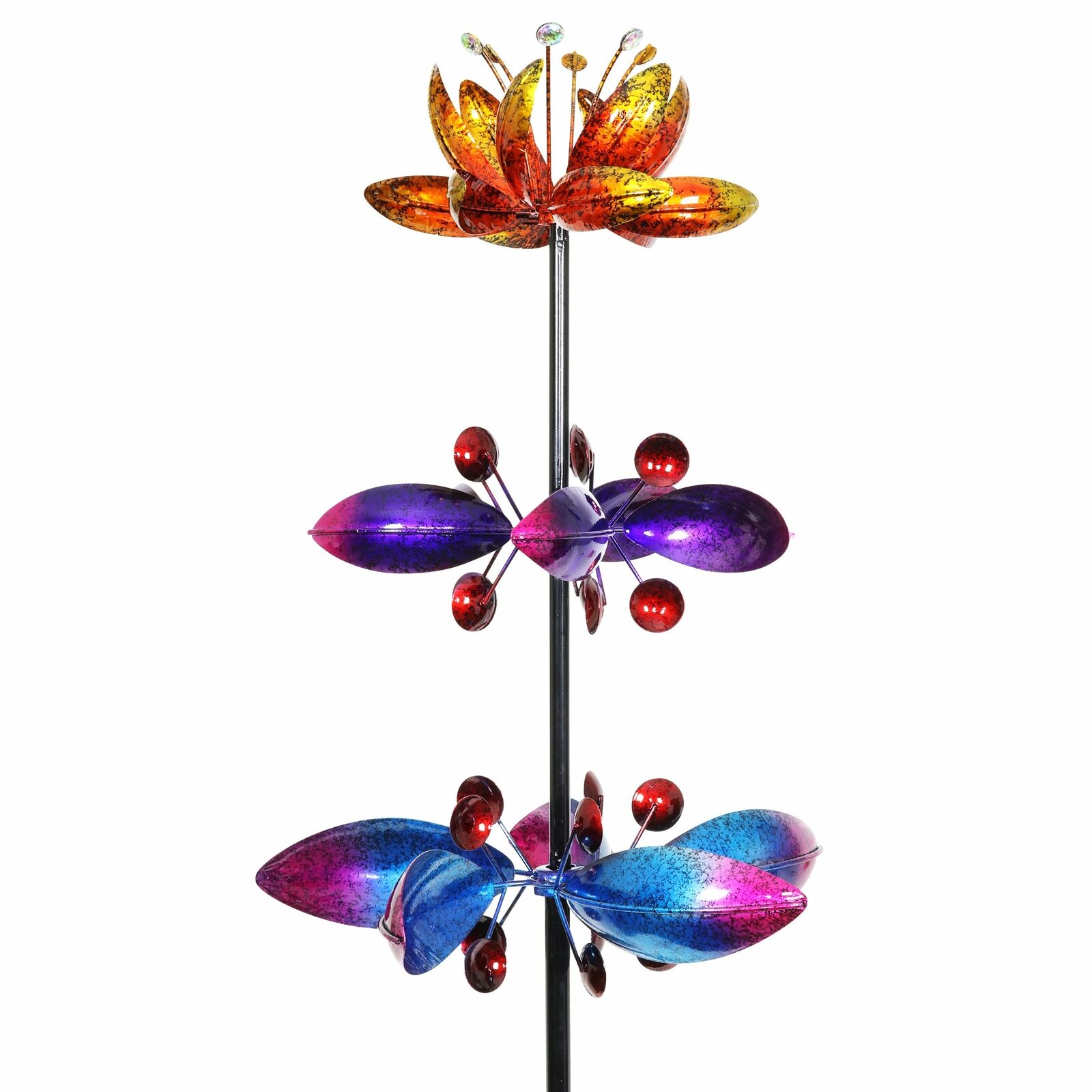 Lotus Flower Wind Spinner Garden Stake with Three Metallic Flowers, 14 by 66 Inc