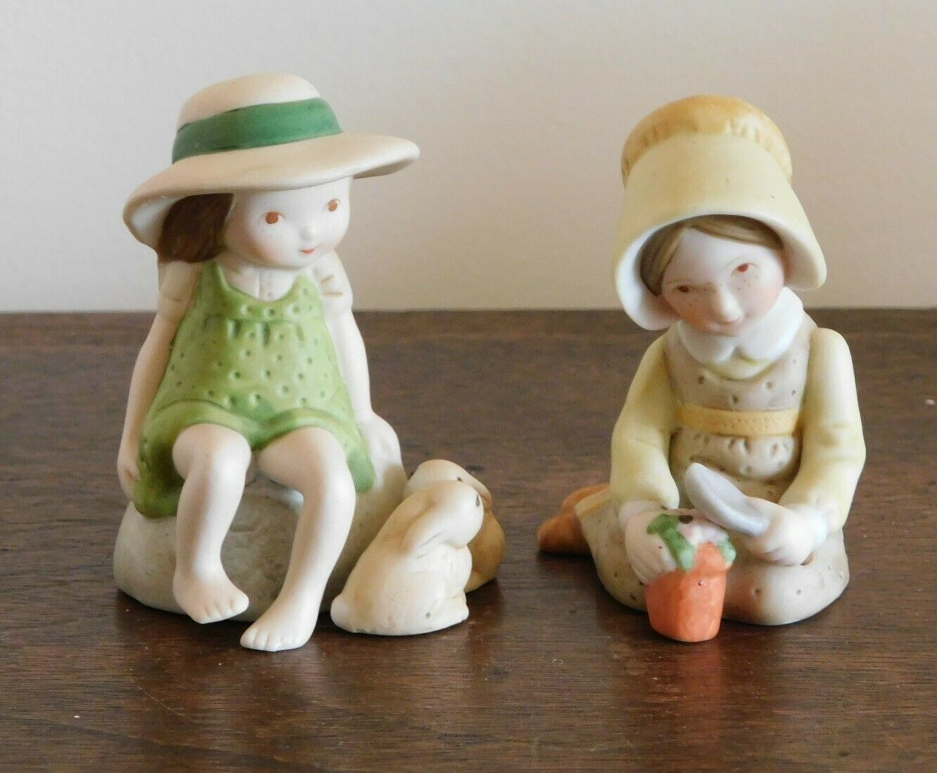 2 Holly Hobbie Miniature Girl Figurines - Rabbits, Potted Plant, Sun Bonnet